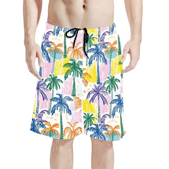 Binienty Men's Board Shorts Beach Swim Trunks With Hand Drawn Palm Tree Pattern - Quick Dry for Summer Vacation and Water Activities