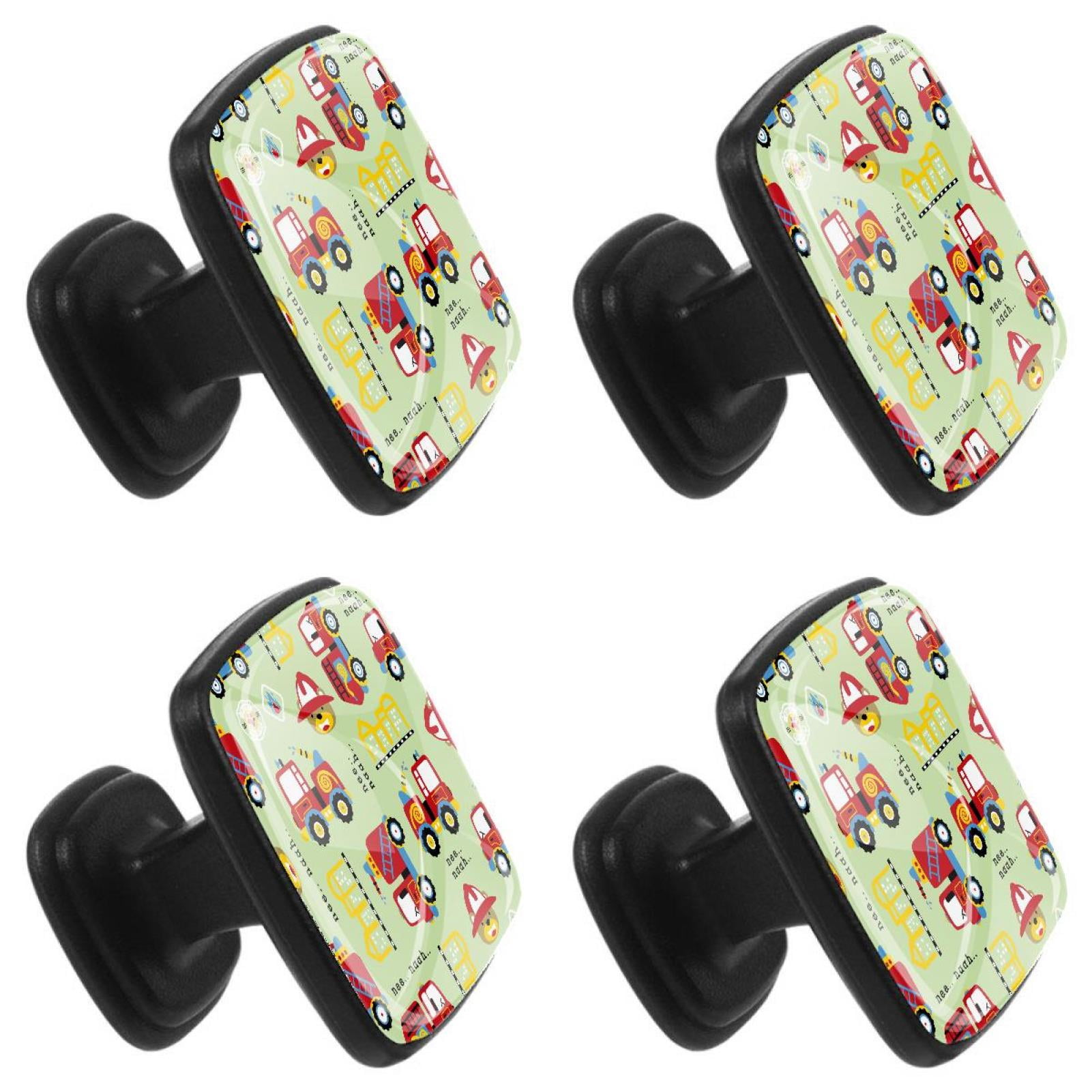 4 Pcs Square Cabinet Handle Cupboard Knob Drawer Pulls Handle Cartoon Fire Fighting Truck Drawer Knobs with Screws Furniture Decoration