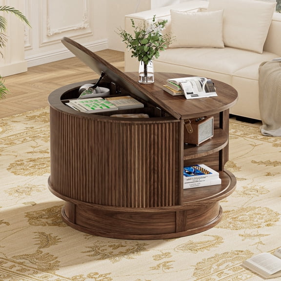 Pikvki 31.5" Round Coffee Table with Hidden Storage, Flip-Up Top & 360° Rotating Base – Fluted Design for Living Room, Walnut