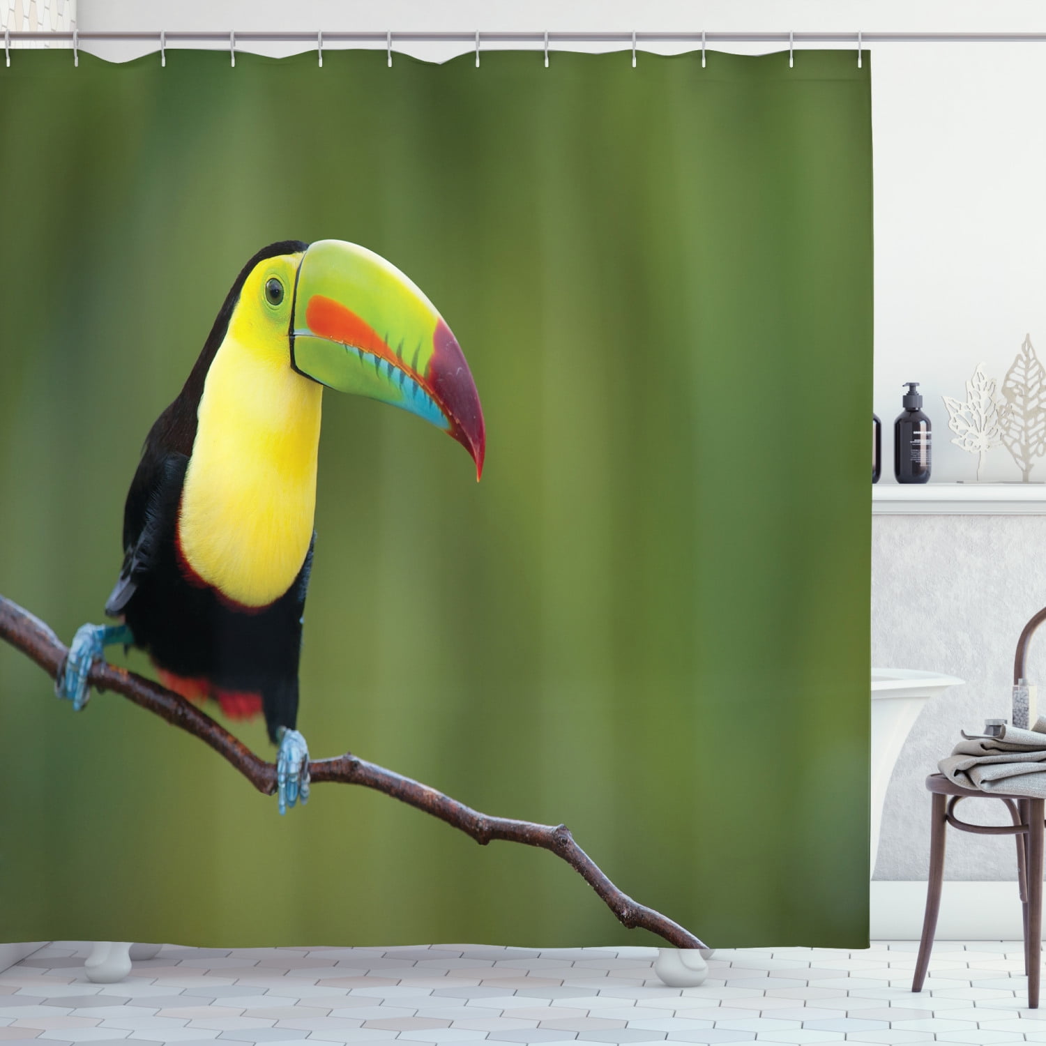 Wildlife Shower Curtain, Keel Billed Toucan Colorful on Branch Tree