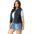thumbnail image 3 of Women Plus Size Chest Pockets Single Breasted Denim Vest Dark Blue 2X, 3 of 6