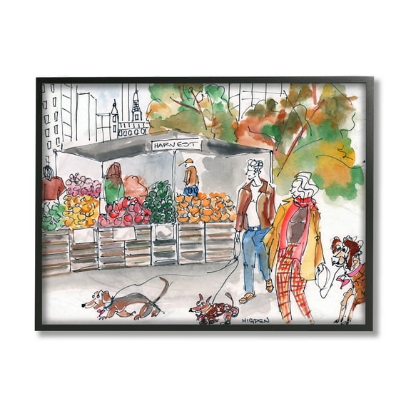 Stupell Industries Farmers Market Illustration City Dog Walkers Black Framed by Mark Higden