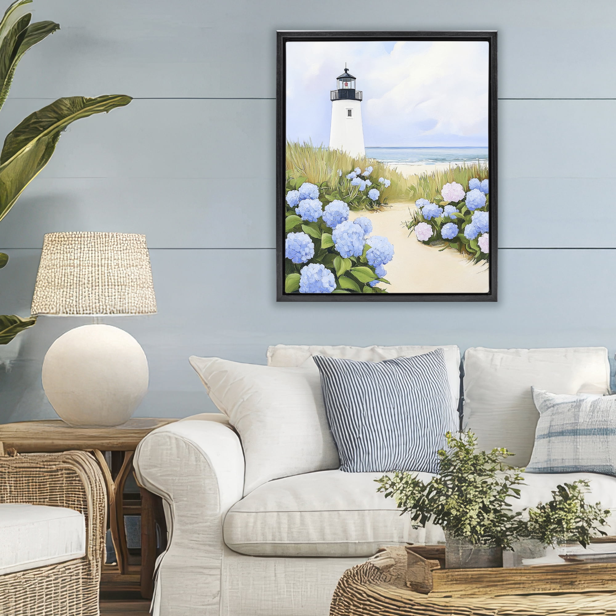 Stupell Industries Hydrangea Path Leading to Lighthouse Black Framed Floater Canvas Wall Art, design by Sisi and Seb