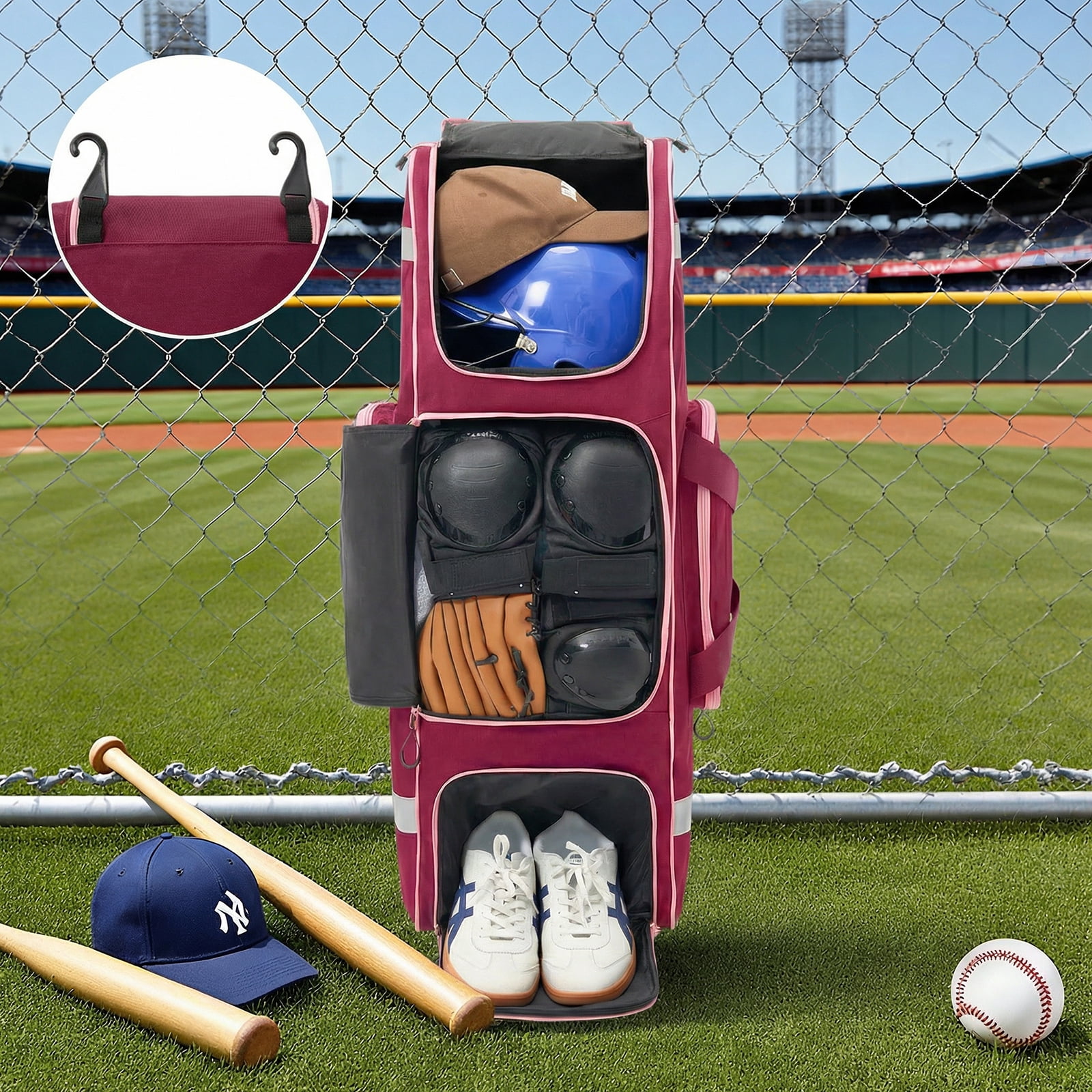 Fegat Large Catcher Gear Bag With Wheels, Soft Rolling Baseball Bag for 4 Bats, Portable Baseball Catcher Bag With Wheels, Multi-Pockets, Fence Hook, Holds All Softball Baseball Equipment
