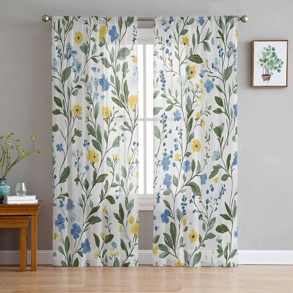 Blue Yellow Spring Floral Sheer Curtains 72 Inch Length 2 Panels Set for Living Room/Bedroom, Summer Elegant Botanical Green Curtain Sheers Drapes Rod Pocket Curtains Window Treatment Set 52''x72''x2
