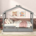thumbnail image 2 of Full Bed Frame with Storage for Kids, Wooden Montessori House Bed with 2 Drawers and Fence Headboard, Low Platform Bed Playhouse Bed with Roof for Boys Girls Bedroom, Gray, 2 of 7