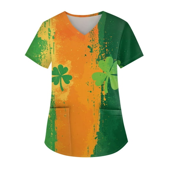 Scrub Tops Women Print Irish Shamrock Printed V-Neck Breathable Workwear Shirt Short Sleeve Professionals Soft Stretch St. Patrick's Day T-Shirts with Pockets 4X-Large