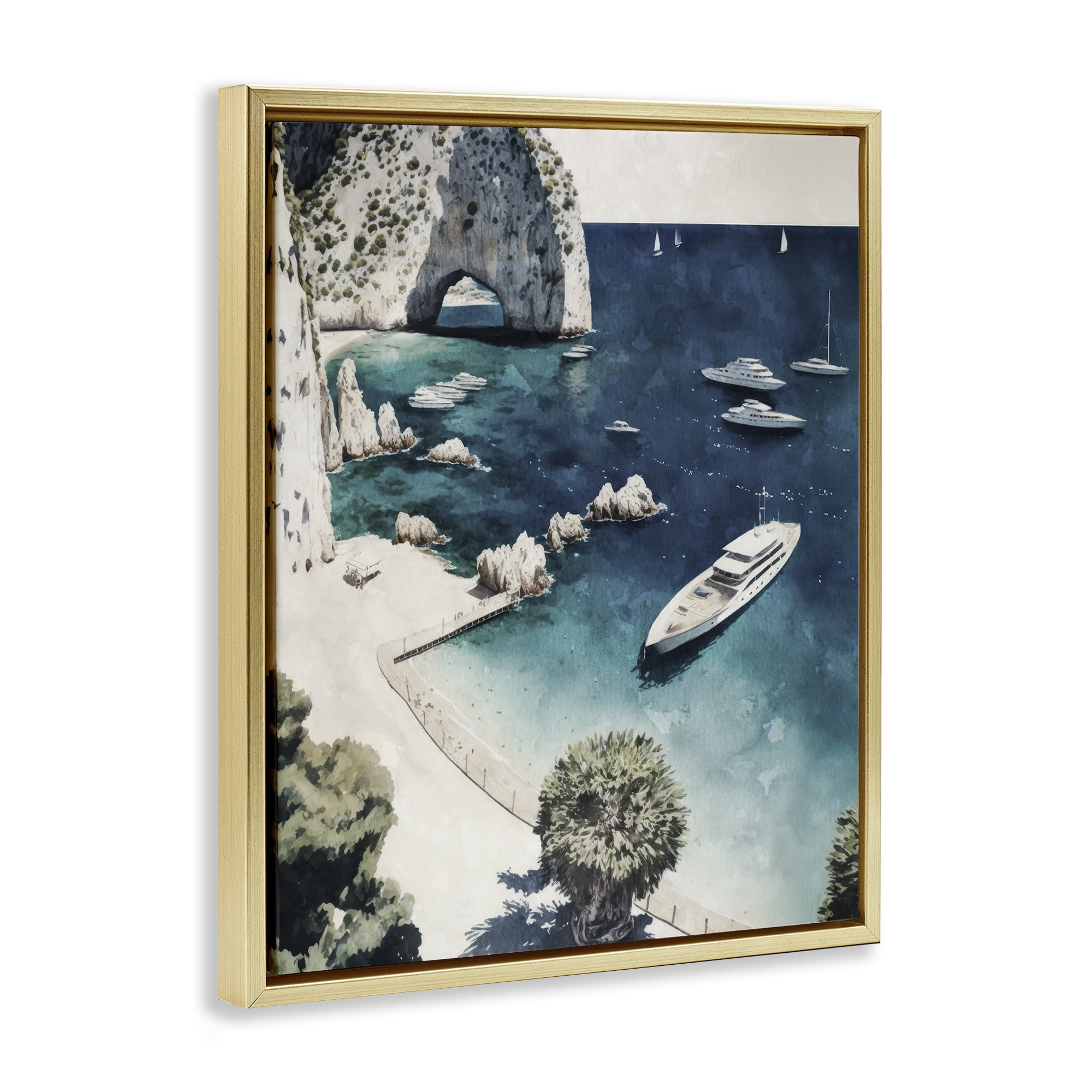 Stupell Industries Rocky Coast Boats Landscape & Nature Painting Gold Floater Framed Canvas Art Print Wall Art, 25 x 31