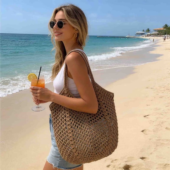 Summer Crochet Beach Tote Bag for Women Large Capacity Mesh Handbag Soft Foldable Shoulder Bag
