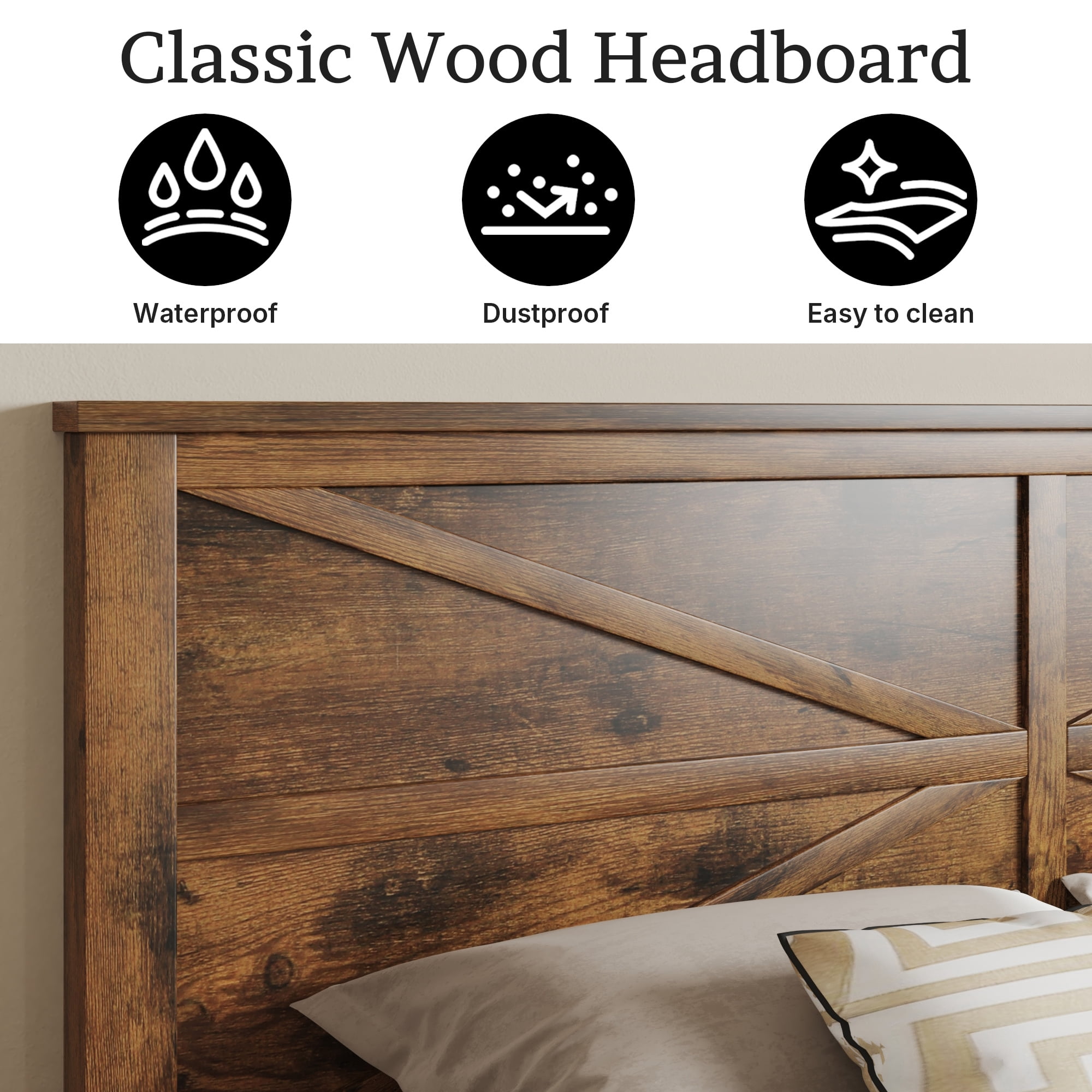 BSHTI King Bed Frame with Wooden Headboard, Country and Farmhouse Style, Brown