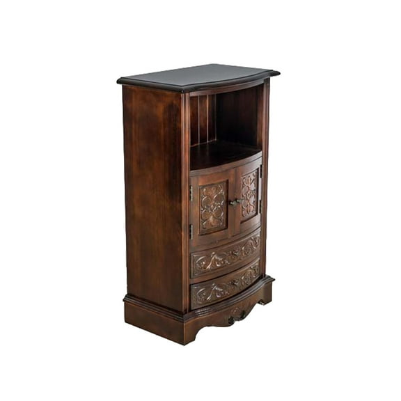 Engraved Wooden Frame Storage Cabinet with 2 Drawers and 2 Doors, Brown