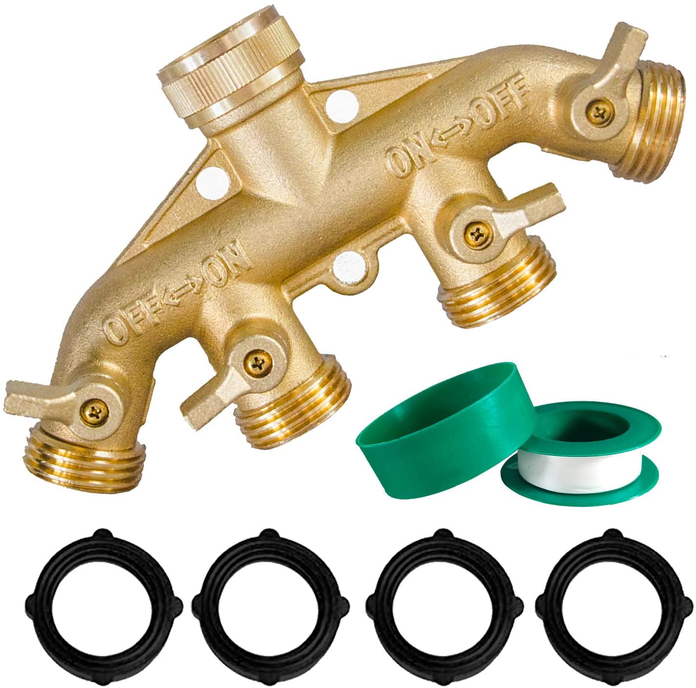 Brass Garden Hose 4 Way Splitter 5 Inch Jet Sweeper Nozzle Bundle