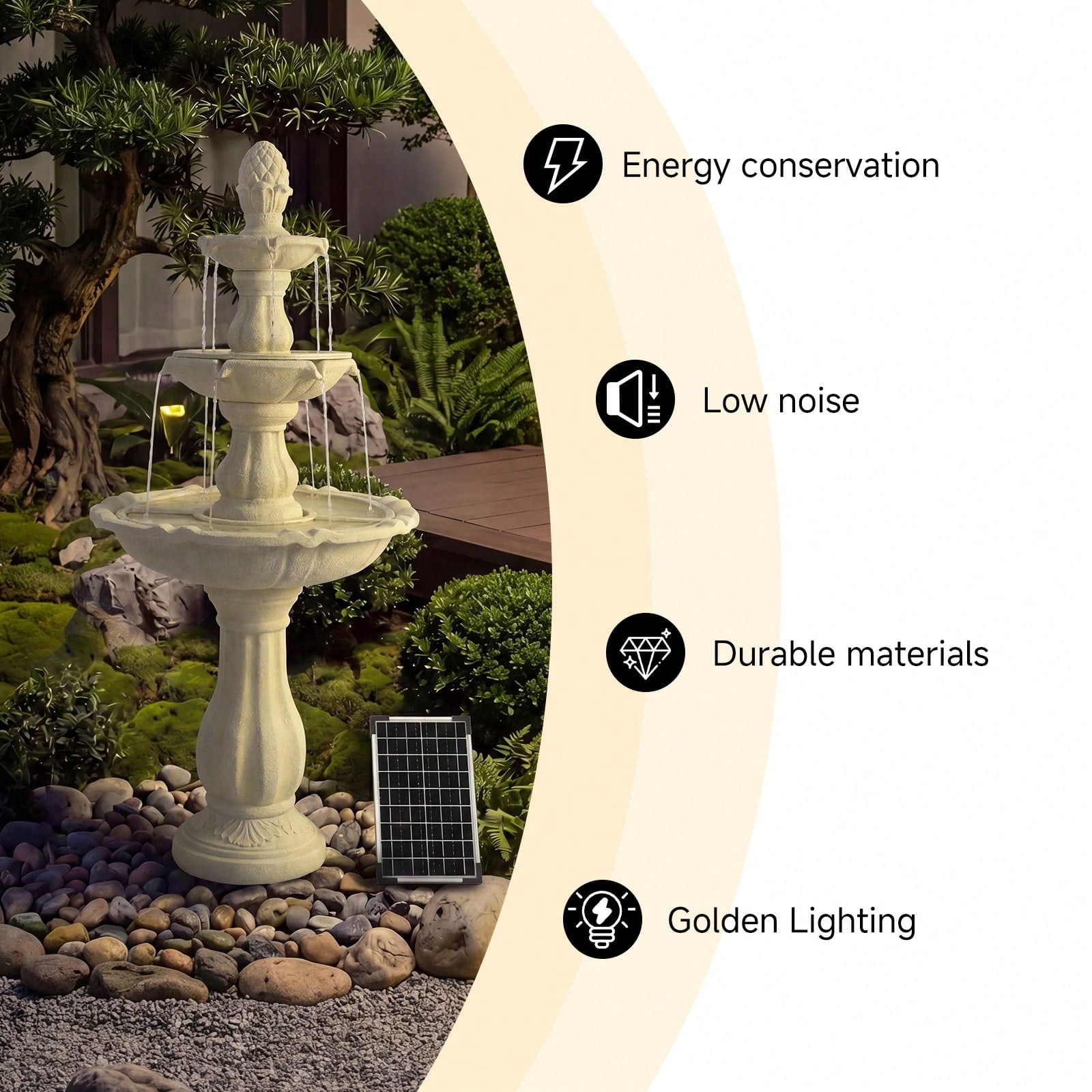 50.5 Inch 3-Tier Solar Outdoor Water Fountain, Pineapple Top Pedestal Waterfall with Warm LED Lights, Weather UV Resistant Resin, Low Noise Energy Saving, for for Yard Patio Home Decor