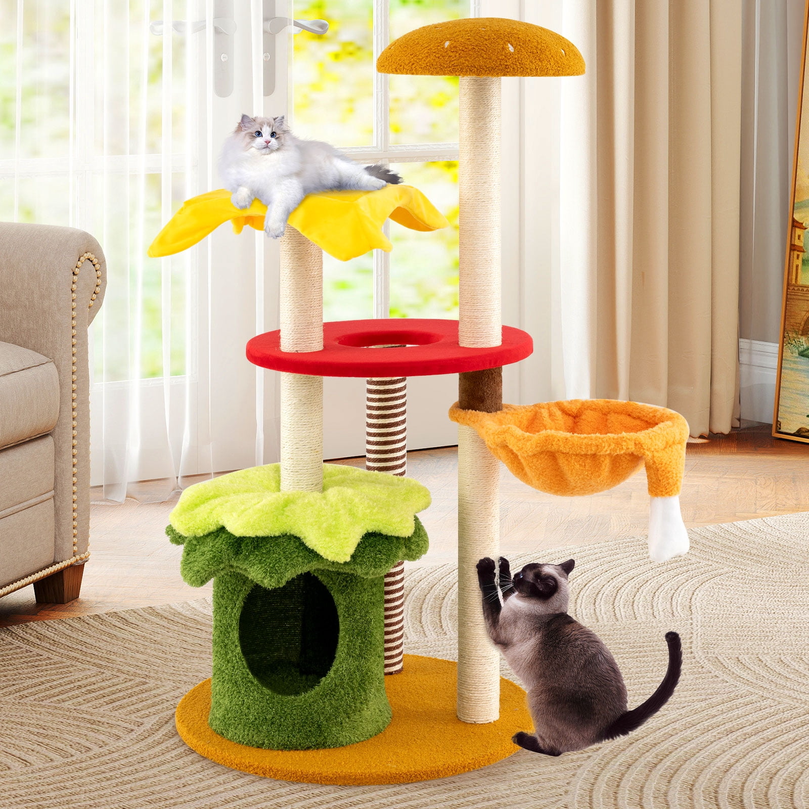Gymax 46'' Tall Cat Tree w/Hanging Basket Bed Condo Padded Perch Sisal Scratching Posts