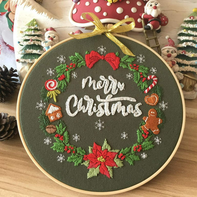 Christmas Embroidery Kit for Beginners Cross Stitch Kits DIY Stamped Embroidery Starters Set with Pattern Instructions Embroidery Hoop and Color