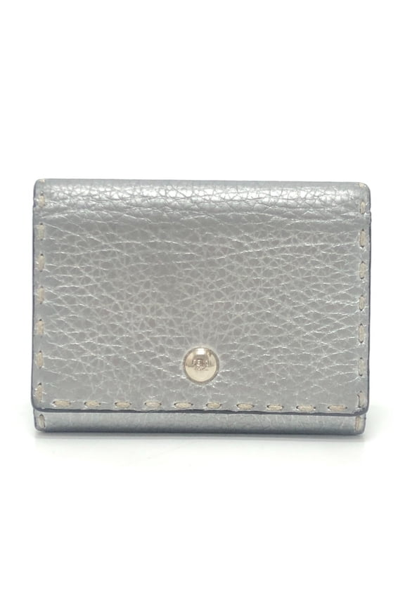 Pre-Owned FENDI Selleria Bifold Business Card Case with Stitching, Leather, Silver,... (Good)