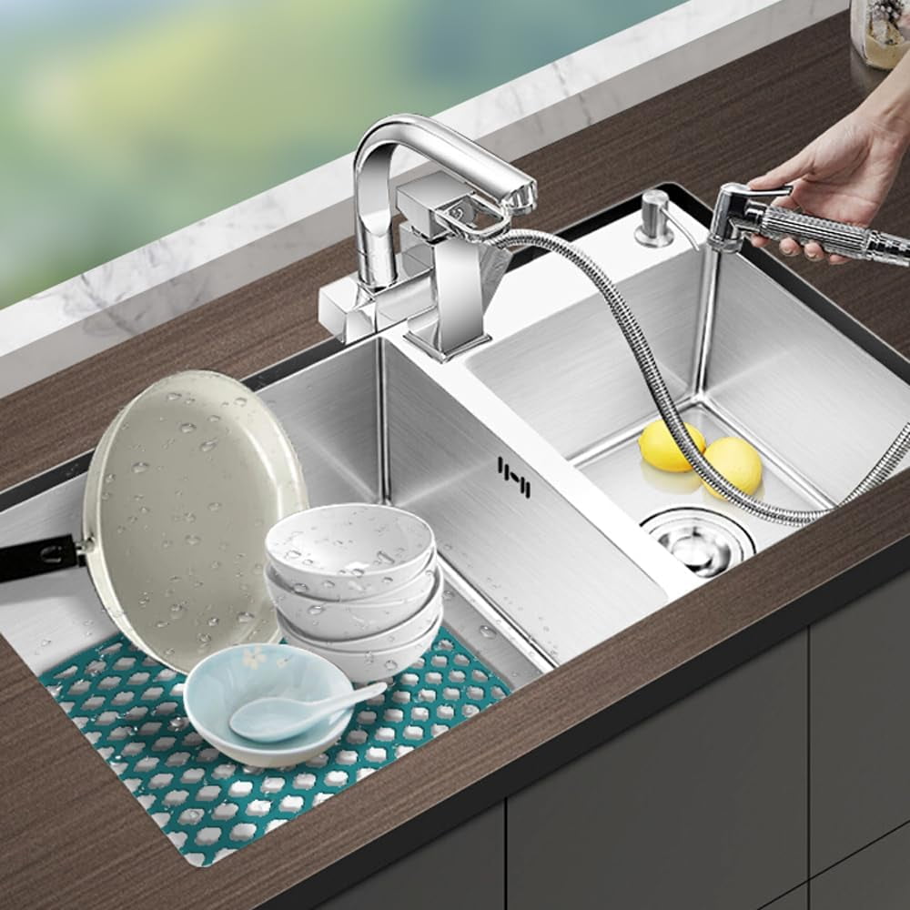 1PCS Kitchen Sink Mat, Anti Slip Silicone Drain Sink Protectors, Dishes Drying Mat Filter Mesh Grid Non-Slip Foldable for Bottom of Farmhouse Stainless Steel Porcelain Sink(Grey,Side Hole)