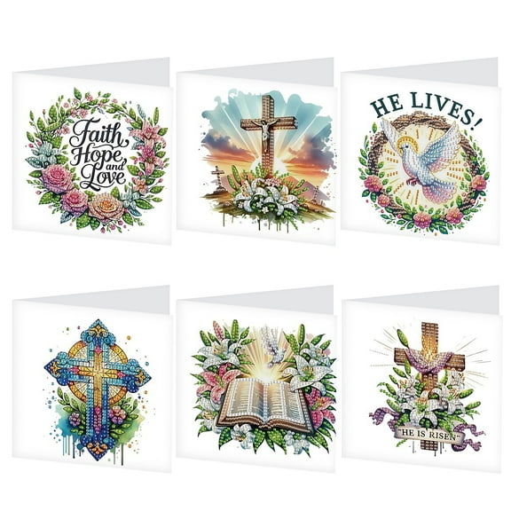 6pcs Diamond Painting Kit Greeting Card, Cross Flower 5D DIY Diamond Handmade Holiday Greeting Card with Envelope, Christmas Gift Congratulations