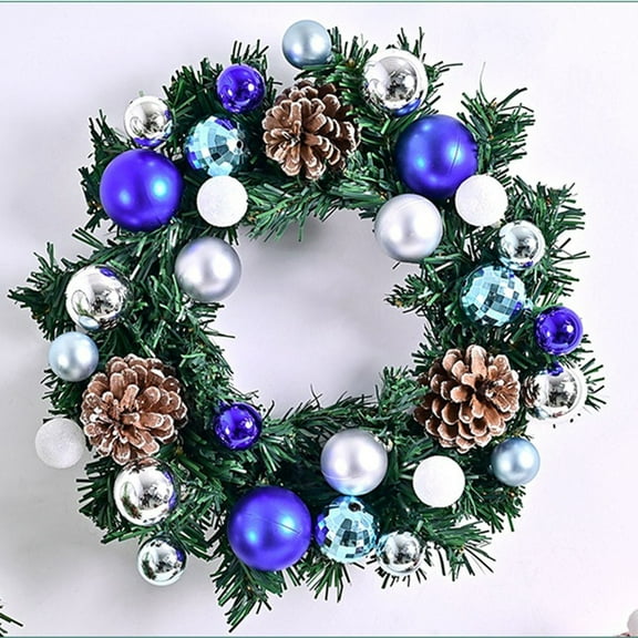 Artificial Pine Wreath with Blue White Ball Fall Halloween Thanksgiving Christmas Holiday Decoration 14 inch