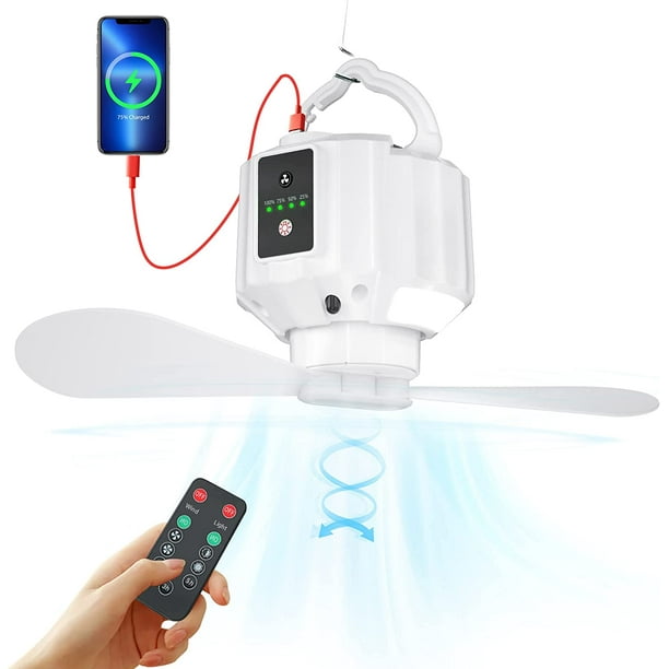 Ventilador de Camping con Linterna LED, Ventilador Recargable para Tiendas de Campaña, Control Remoto, Ganchos, Aspas Desmontables, Temporizador, para Picnic, Tiendas de Campaña, Emergencia