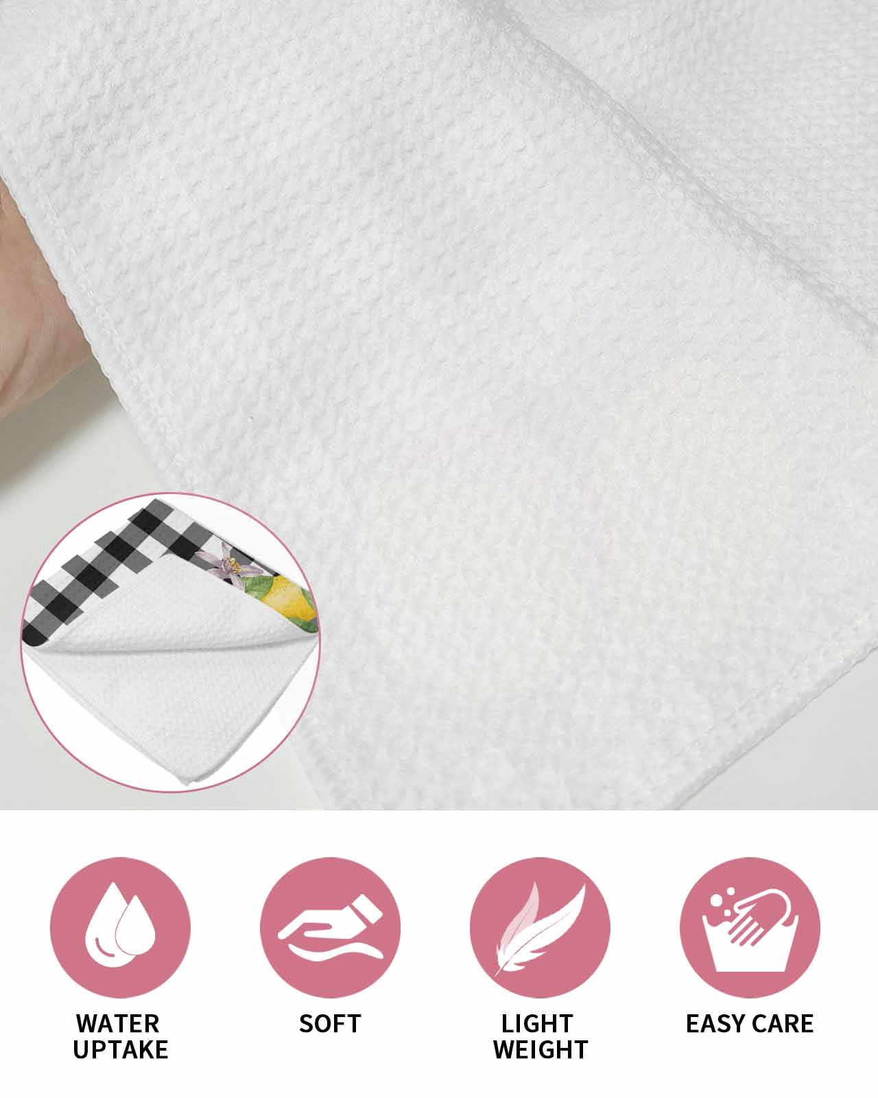 Lemon Hand Towels Set, Waffle Weave Kitchen Towels 2 Pieces, Black Plaid Check Yellow Fruit Flower Floral Microfiber Hair Face Bath Tea Towel Absorbent Quick Drying Cleaning Dish Cloths 15.7"x23.6"