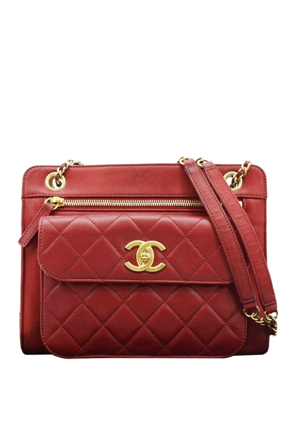 Pre-Owned CHANEL Square Front Pocket Quilted Leather Chain Crossbody Bag Red
