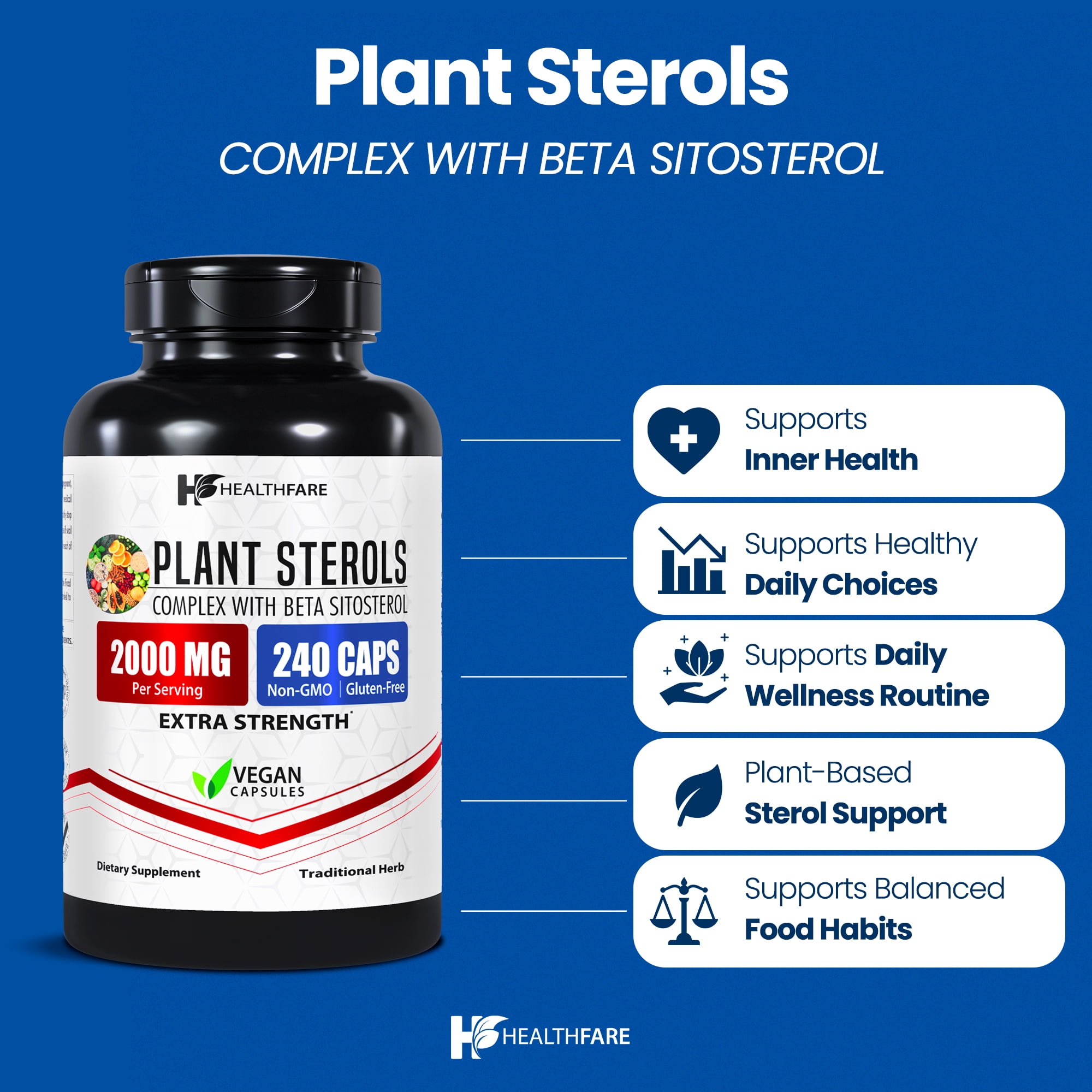 HealthFare Plant Sterols 2000mg | Cholesterol Support | Beta Sitosterol & Phytosterol Complex | 240 Vegan Capsules | Non-GMO, Gluten-Free