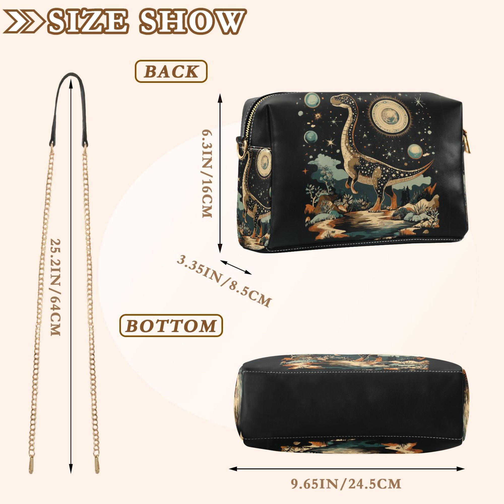 FORMRS Women Crossbody Purse with Chain Strap Vegan Leather Shoulder Handbag, Black Dinosaur