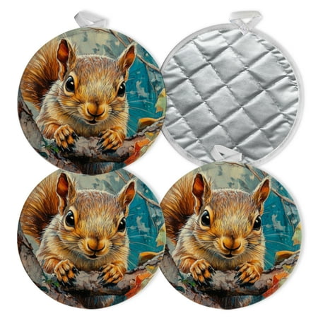 

4 PCS Pot Holders for Kitchen Potholders Sets with Hook for Oven Cooking Baking Close Up Of Cute Squirrel Colorful Forest Background