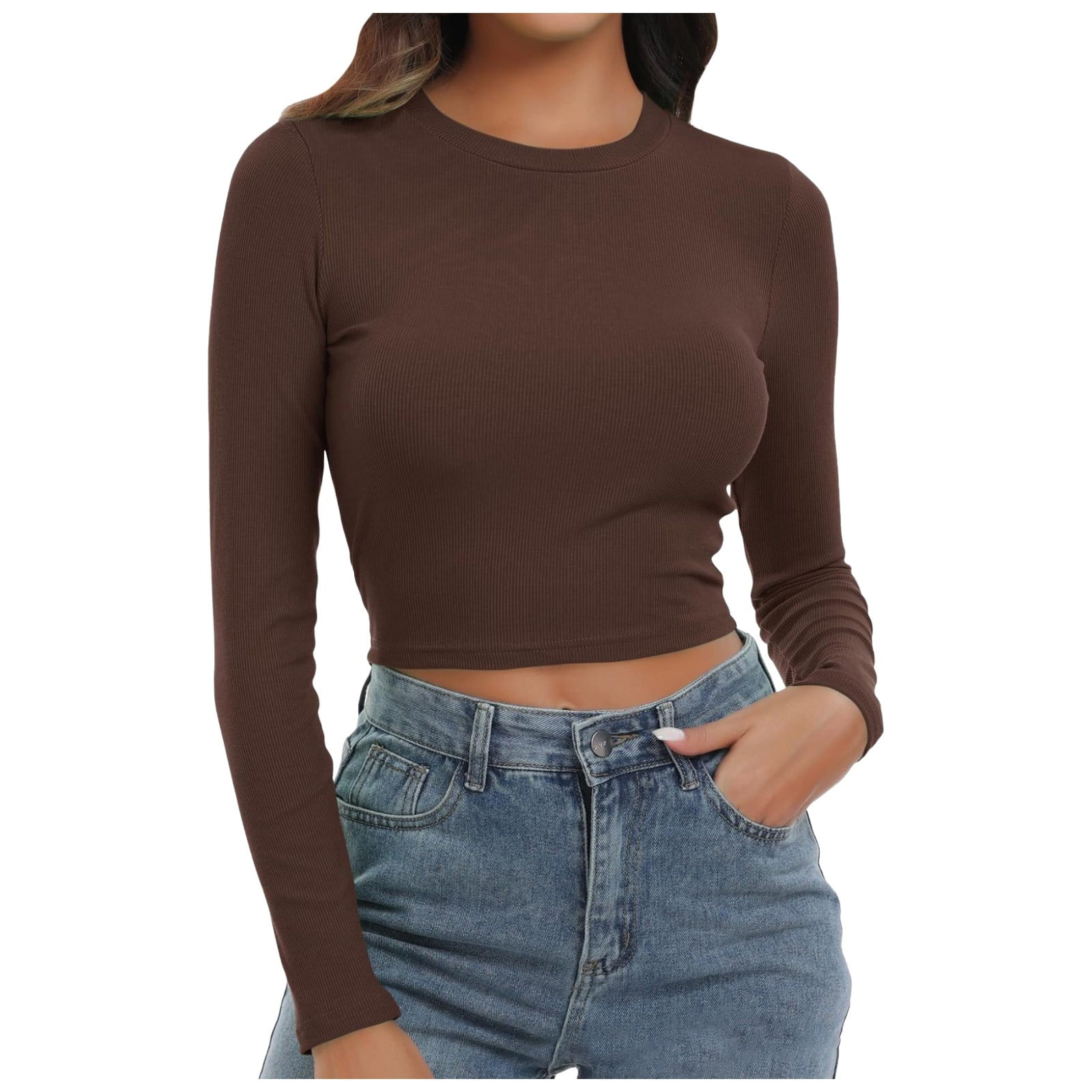 HUITKMM Long Sleeve Crop Top Women's Round Neck Long Sleeve Knit