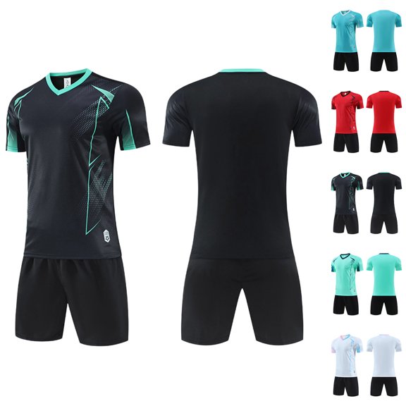SGFCWSX Mens Soccer Set 2 Piece V Neck Quick Dry Short Sleeve Shirt and Shorts Football Training Uniform Outfit Black Size XL