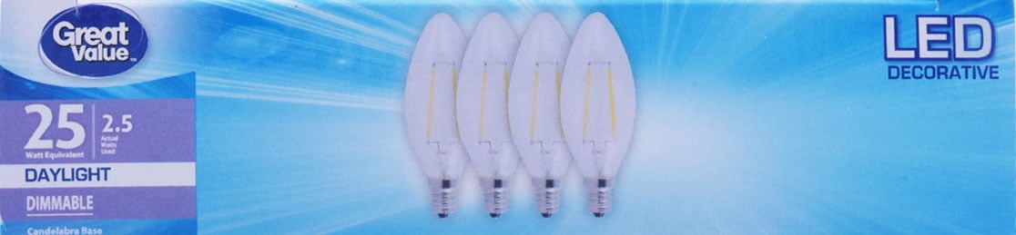 Great Value Decorative LED Light Bulb, Daylight, Dimmable, 2.5W (25W Equivalent), 4 Count