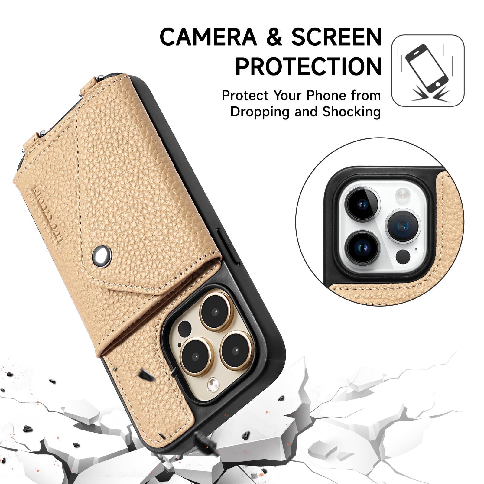 Handmade Genuine Leather Crossbody Wallet Phone Case for Apple iPhone 15 Pro 6.1-Inch,with Strap and Flip Wallet Card Holder,Shockproof Durable Scratch Protective