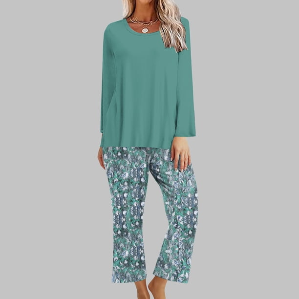 Puntoco Traje De Manga Larga + Pantalones Con Cuello Redondo Y Estampado A Rayas Para Mujer, Color Verde Menta, Xxl