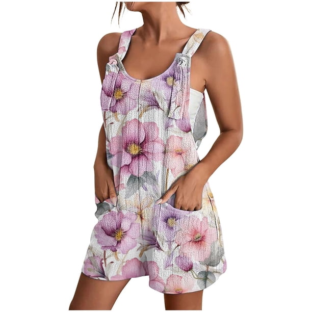 Pantalones Cortos de Mujer Casual Suspender Impresión Pantalones Cortos de Bolsillo, Pantalones Cortos de Mujer con Bolsillos