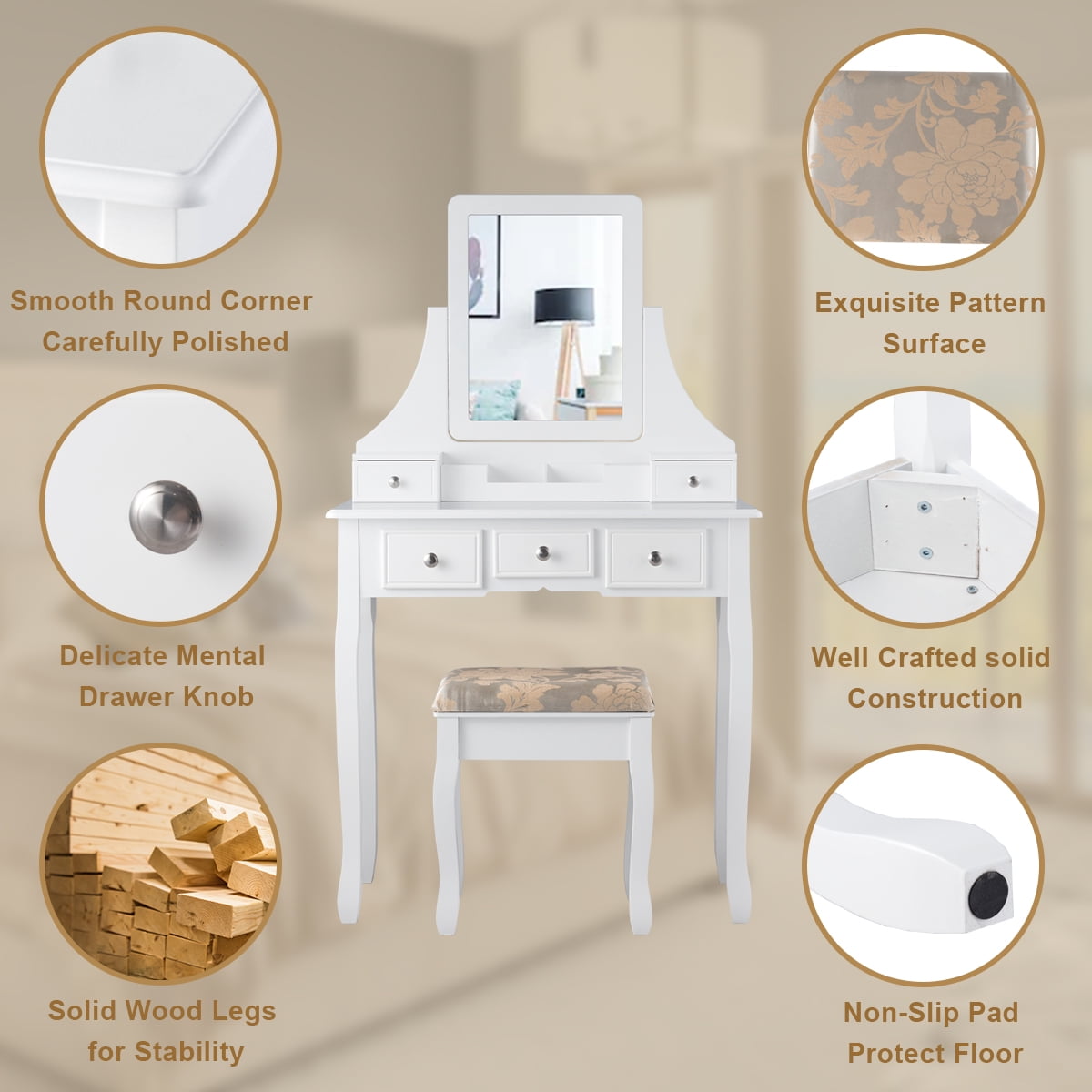 Gymax Vanity Set Makeup Dressing Table & Stool w/5 Drawers White
