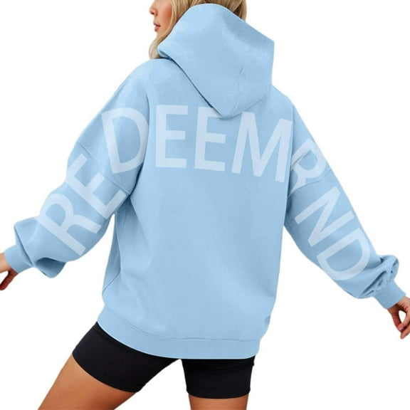 Oversize Hoodie for Women Fall Winter Letter Print Pullover Tops Long Sleeve Sweatshirt with Pockets Light Blue M