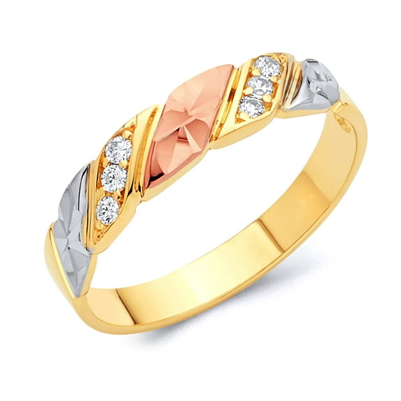 Wellingsale Mens Solid 14k 3 Tri Color White Yellow and Rose / Pink Gold Polished CZ Cubic Zirconia Wedding Ring Band - Size 8