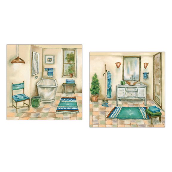 2 Watercolor-Style Teal and Tan Bathtub and Sink Poster Set; Two 12x12in Poster Prints