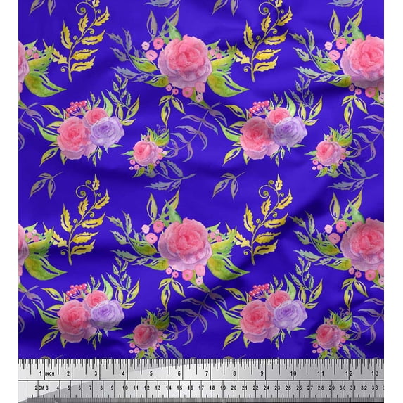 Soimoi Blue Viscose Chiffon Fabric Leaves & Rose Floral Printed Craft Fabric by the Yard 42 Inch Wide