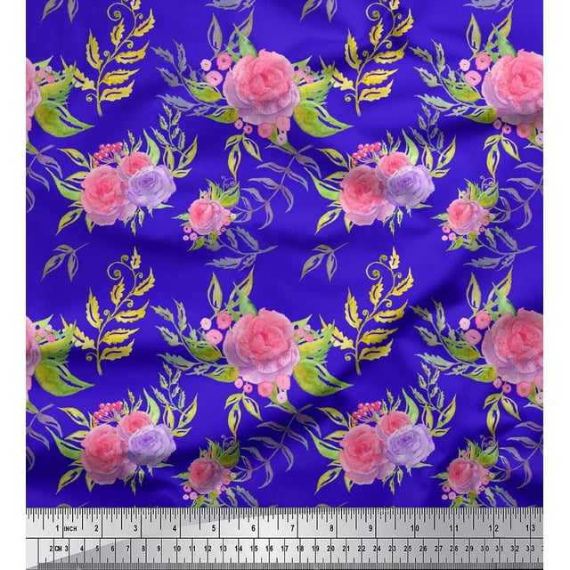 Soimoi Tissu Popeline de Coton Bleu Imprimé Feuilles & Roses au Mètre 58 Pouces de Large