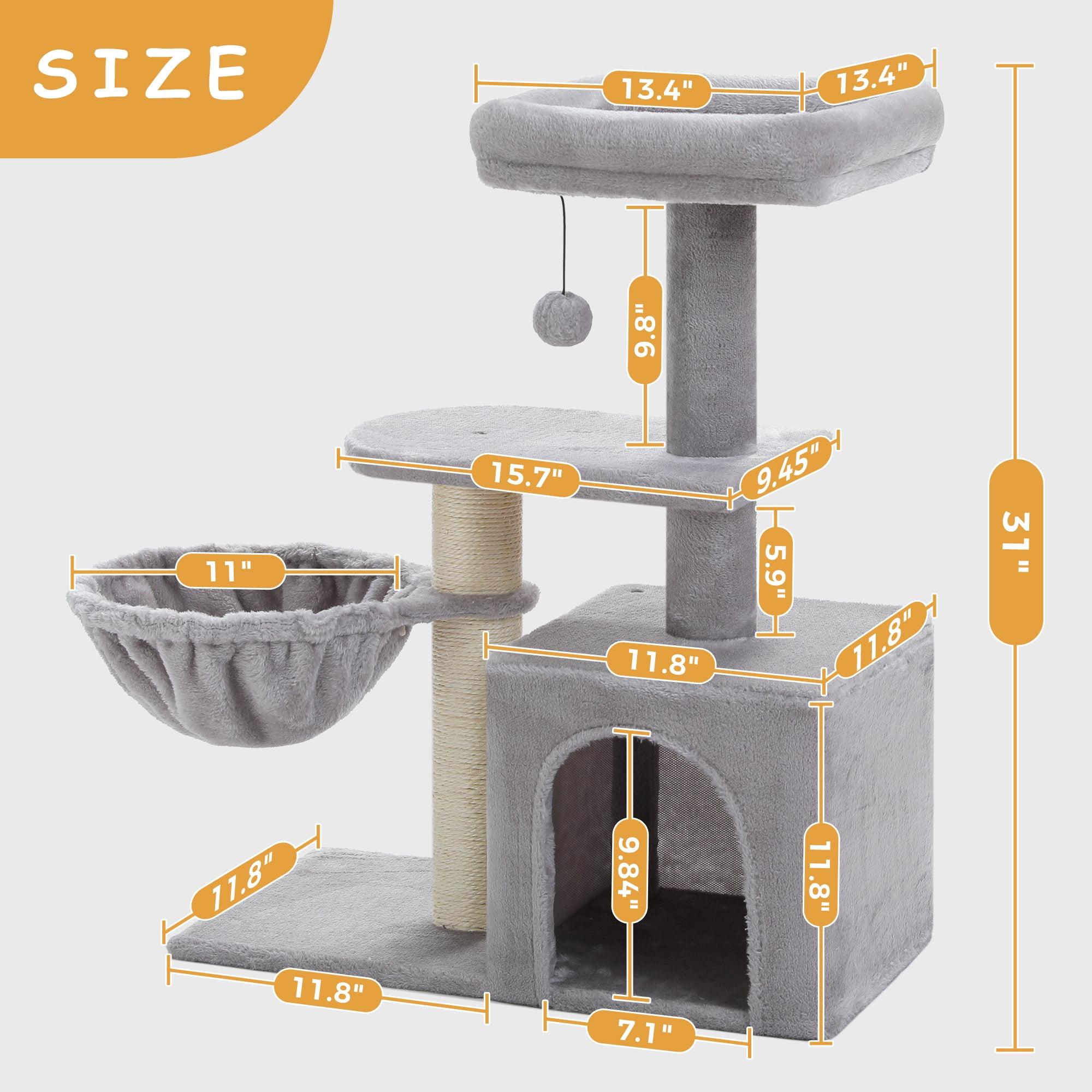 PAWZ Road 31" Medium Cat Tree Modern Scratcher with Hammock and Condo for Indoor Cats Gray
