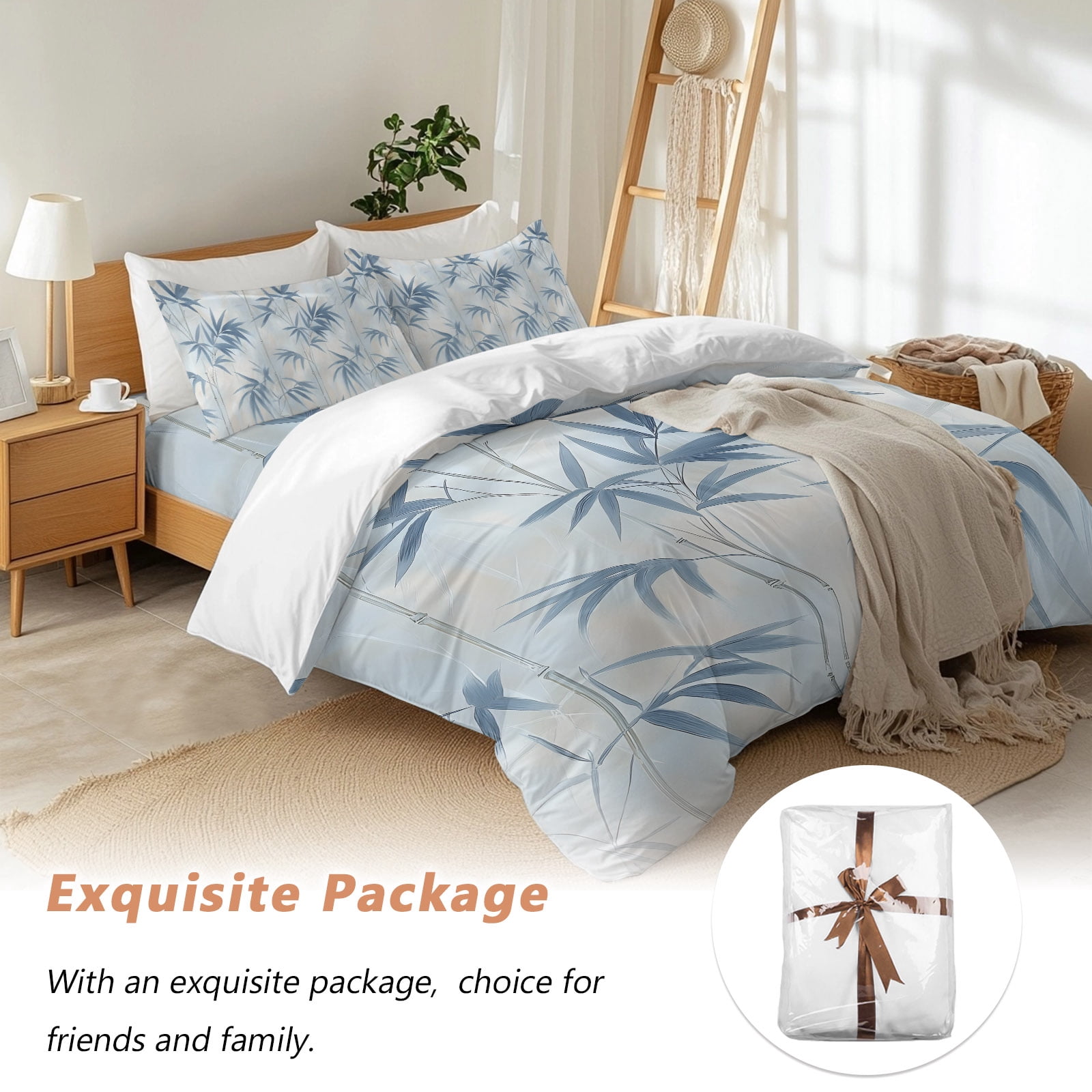 Abstract Bamboos Leaf Queen Duvet Cover Set, Blue Branch Leaves Watercolor 4 Piece Microfiber Bedding Set with Zipper Closure, Bed Sheet and 2 Pillow Shams, Soft Bedding Cover