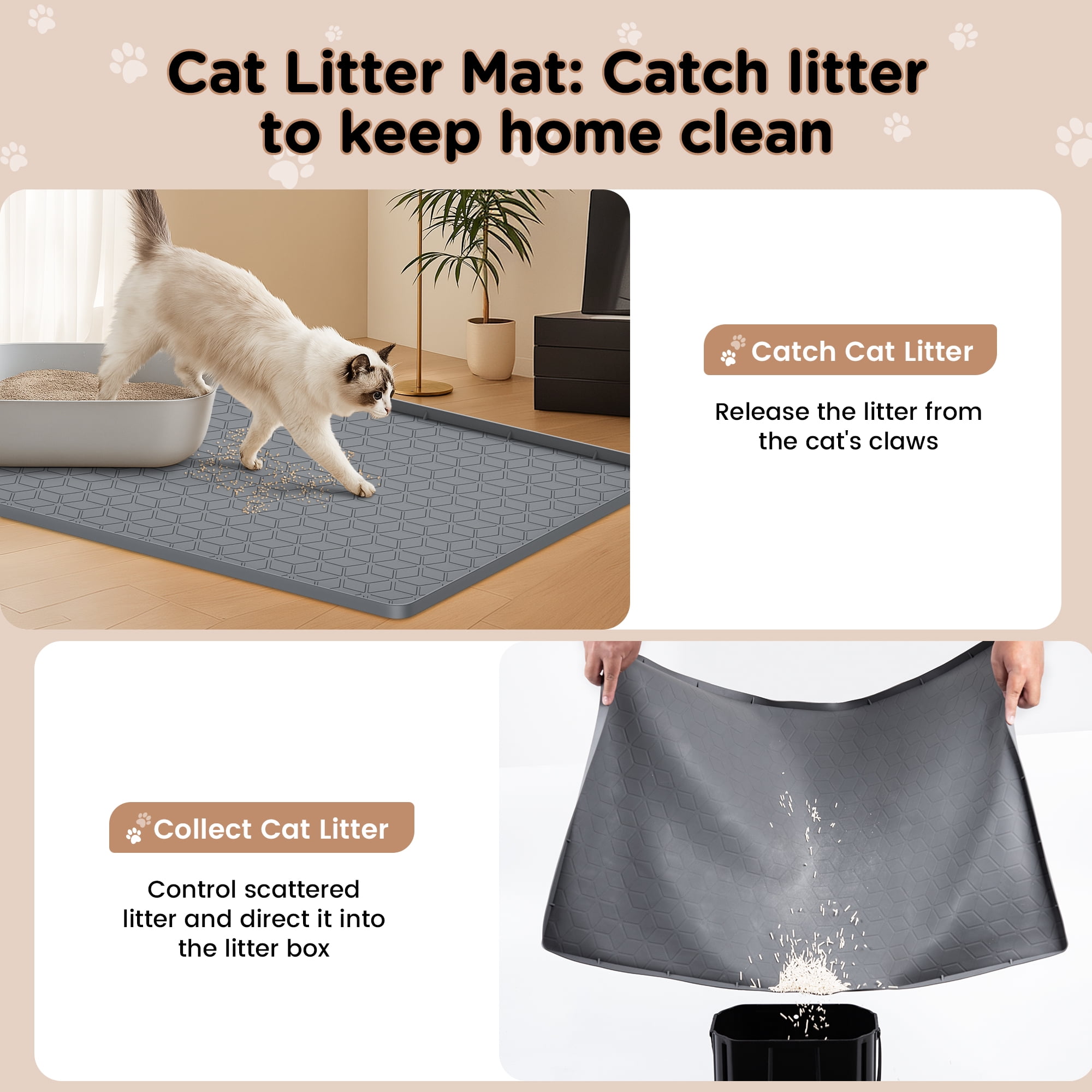 GokeLQ Cat Litter Mat Waterproof, 34" x 23" Non-Slip Silicone Large Cat Litter Mat, Cat Litter Box Mat for Litter Trapping, Easy to Store Kitty Litter Mat, Dark Gray