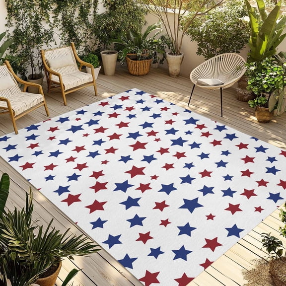 4th of July Outdoor Rug for Patio/Deck/Porch, Non-Slip Large Area Rug 3 x 5 Ft, Blue Red Star Patriotic Geometric Indoor Outdoor Rugs Washable Area Rugs, Reversible Camping Rug Carpet Runner