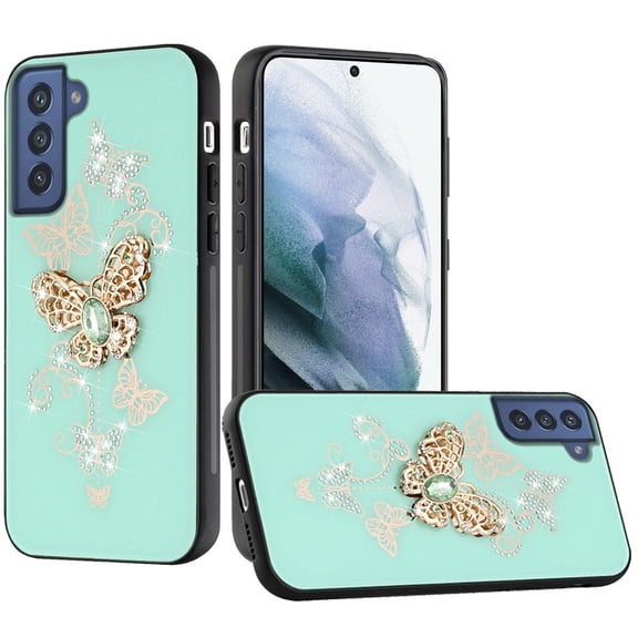 For Samsung Galaxy S21 Ultra 3D Diamond Bling Sparkly Glitter Ornaments Engraving Hybrid Metal Fashion Cover ,Xpm Phone Case [ Teal Garden Butterflies ]