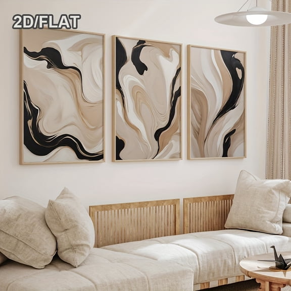 2D Flat, 2D/FLAT, Unframed, Set of 3 Abstract Black Beige Modern Wall Art, Neutral Gallery Wall Set, Minimalist Japandi Wall Decor, Canvas Poster, Indoor Decor, Artwork for Living Room, Bedroom, Off