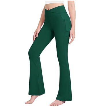 Rotm Flare Leggings for Girls Girls High Waisted Flare Leggings Crossover Cute Wide Leg Solid Full Length Yoga Pants with Pockets Dark Green,11-12 Years