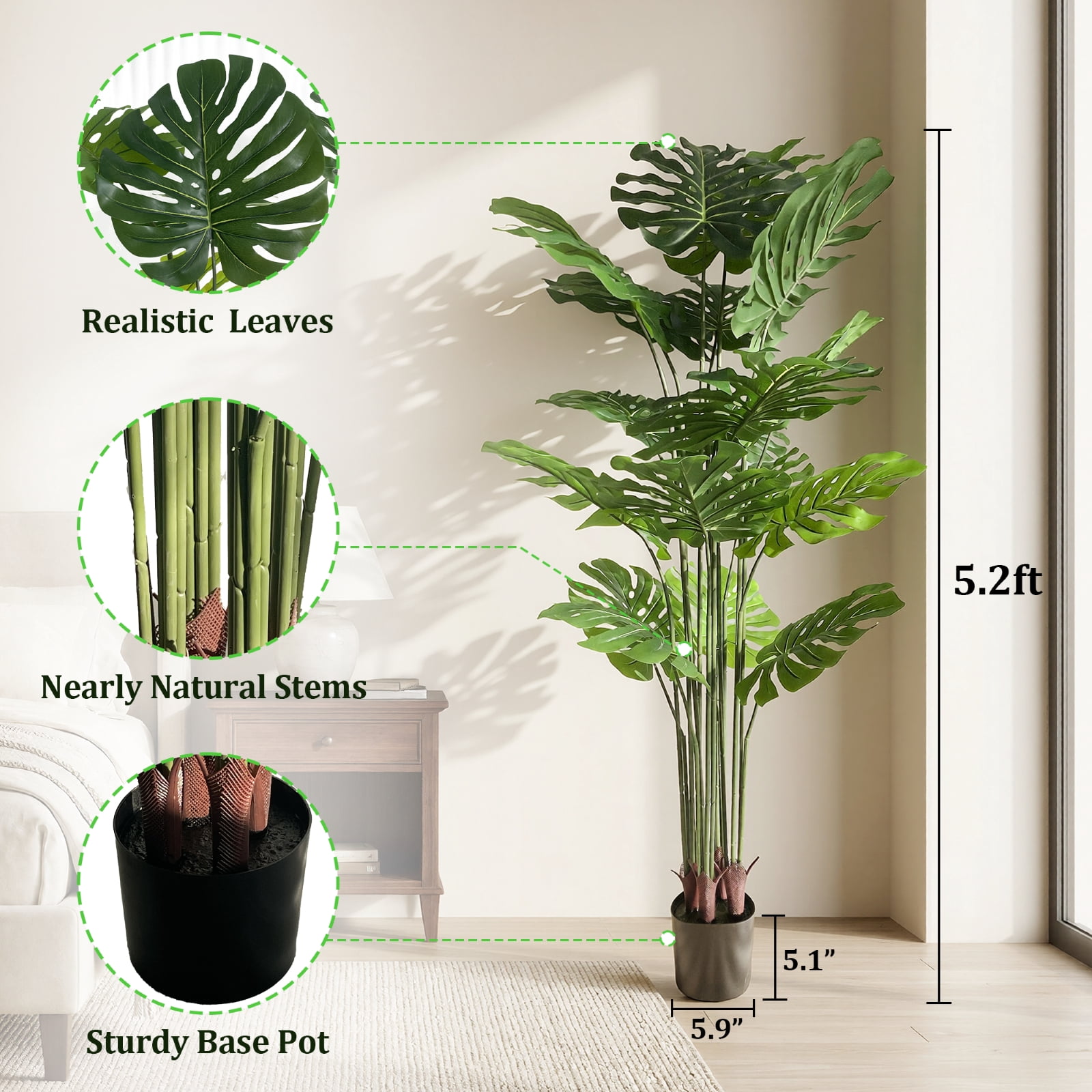 BEAUTYPEAK 5.3FT Artificial Plant Fake Indoor Monstera Plant Decorative Outdoor Greenery in Black Pot