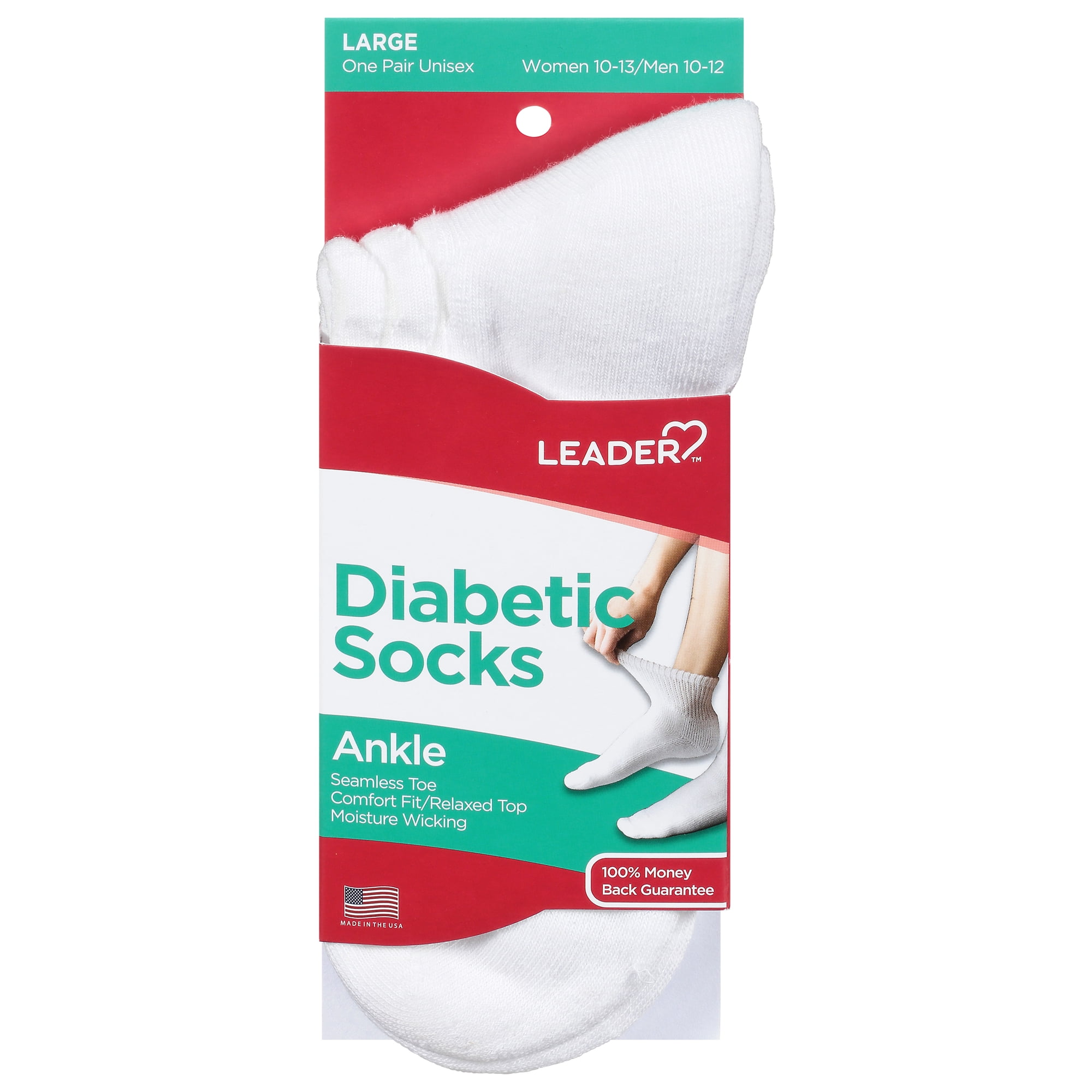 Leader Diabetic Sock Ankle White Large 1 Pair